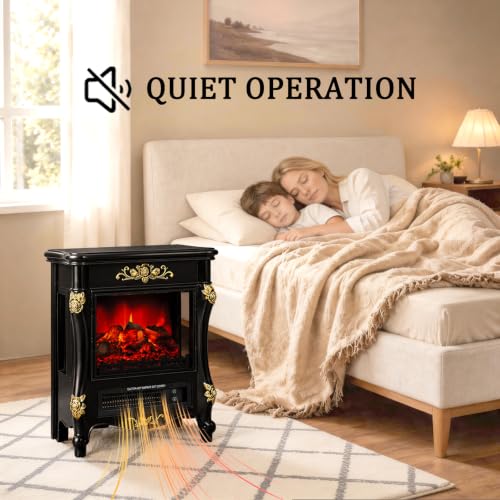 Image of FESTIVITY 18 inch Electric Stove Fireplace, 1500W Thermostat with 5100 BTU Heat Output, Adjustable Flame & Brightness Levels, Portable Electric Fireplace for Bedroom & Living Room-Black & Gold