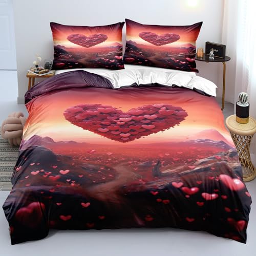 Ypthriline MontañA 3D Juego de Funda Nordica 220x220 cm PatróN En Forma De CorazóN 3 Piezas Microfibra Fundas Nórdicas con 2 Fundas de Almohada 50x75 para Adultos, Niños y Niñas