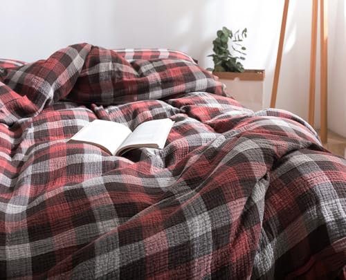 Image of VM VOUGEMARKET Red Gingham Duvet Cover King Muslin Cotton Plaid Bedding Set Soft Breathable Linen Like Gauze Comforter Cover with Zipper Closure for Adults-3 Pieces,104 inchx90 inch