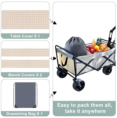 Image of misaya Picnic Table Cover with Bench Cover, Waterproof Elastic Fitted Tablecloth for 5 Foot Tables, Rectangle Washable Polyester Tablecloths for Picnic, Camping, Outdoor (Khaki, 30 inch x 60 inch)