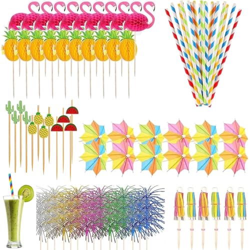Paquete de 140 decoraciones para cócteles, accesorios para cócteles, paraguas, fuegos artificiales, decoraciones para fiestas temáticas hawaianas, bares, bebidas, decoración de pasteles