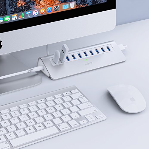 AUKEY Powered USB Hub, Aluminum 10 Port USB 3.0 Data Hub with 12V/3A Power Adapter, 3.3ft USB Cable for MacBook Air, Mac Mini, iMac, Laptop, PC, USB Flash Drives, HDD Hard Drive (Silver)