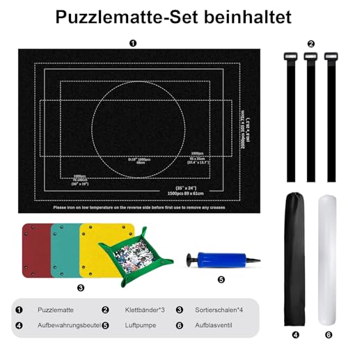 Solinorex Puzzle-Unterlage für bis zu 2000 Teile | Große Aufbewahrungsmatte inkl. 4 Sortierschalen, Tragetasche & Luftröhre | 80x120 cm Nicht-rutschende Puzzlematte für Einfache Lagerung & Transport