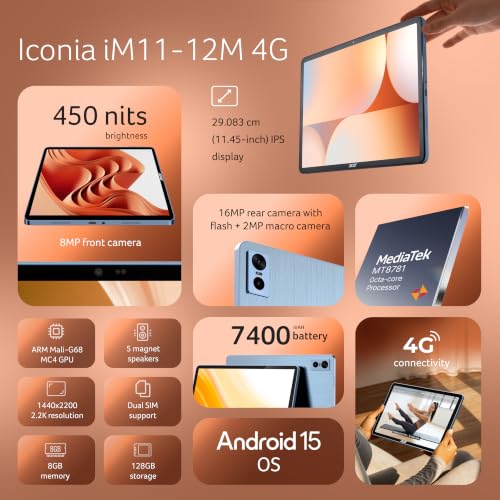Image of Acer Iconia iM11-12M| 11.45 inch90Hz IPS Display, MediaTek Helios G99-8781, 8GB RAM + 128GB Storage, 16+2MP Rear+8MP,Wi-Fi + LTE Volte, Android 15,BT 5.2, Slim Metal Body,Blue.
