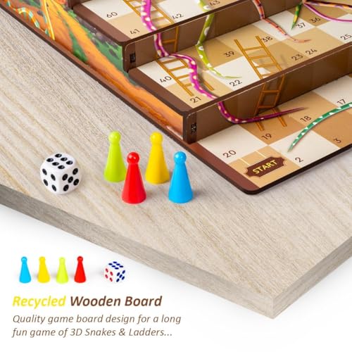 Image of 3D Snakes & Ladders Junior, MDF Wooden Ladder Shaped Board Game for Kids & Adults
