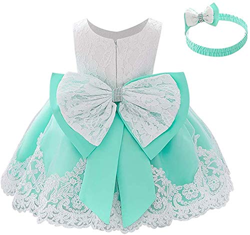 HOIZOSG Baby Christening Dress Lace Pageant Baptism Wedding Formal Bowknot Birthday Party Tutu Flower Girls Dress w/Headwear, Turquoise, 18-24M