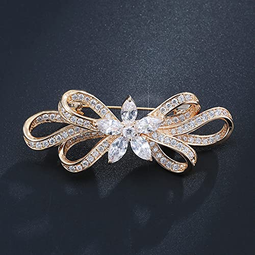 Image of Bridal Crystal Brooches Art Deco Retro Rhinestone Wedding Fashion Glam Bridesmaid Flower Ribbon Brooch Clear Austrian Crystal Gold