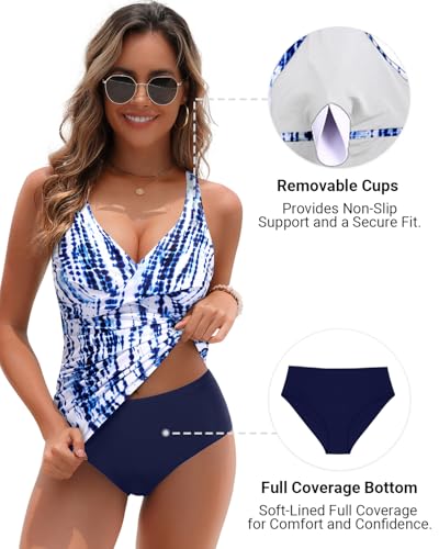 Image of Yonique Plus Size Tankini Swimsuits for Women Blouson Tankini Tops with Swim Shorts Two Piece Bathing Suits