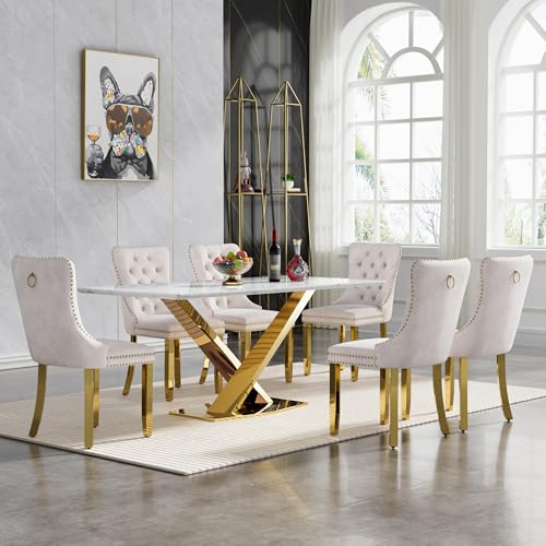 LIKUHLI Juego de Comedor 63 Pulgadas con Mesa de mármol y 6 sillas de Terciopelo Blanco, Base de Acero Inoxidable Dorado para Cocina, Juego de 7 Piezas de imitación de Lujo.