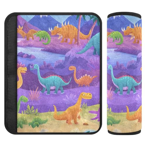 Image of Purple Dinosaurs Palm Trees Mountain Seat Belt Cover Pad 2 Pcs Soft Cute Seatbelt Covers Protector Support Head Neck Shoulder Strap for Car Seats High Chair Backpack for Adults Kids Women Men 1