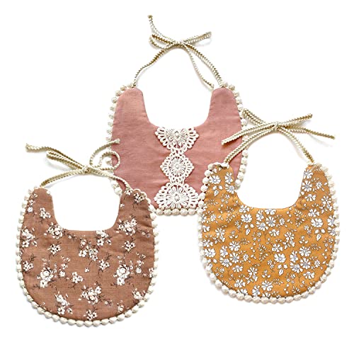 Image of Baby Girl Reversible Bibs, Floral Cotton Bibs, Boho Vintage Lace Handmade Drool Burp Bibs for Newborn Infant Toddler