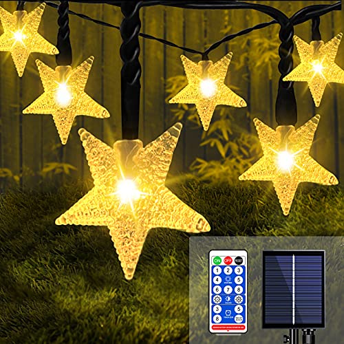 COLCOW Star Solar String Lights, 49ft 100 LED Star Fairy Lights Outdoor with Remote, 8 Modes Waterproof Connectable Star Twinkle Lights for Balcony Party Wedding Garden Yard Home Decor, Warm White