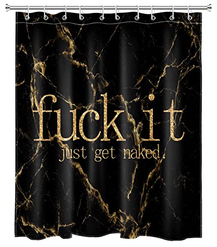LB Black and Gold Marble Shower Curtain Funny Fuck It Just Get Naked Shower Curtains for Bathroom Abstract Geometric Polyester Anti Mould Waterproof Bath Curtain Set including Hooks,59x78 inches - Image 2