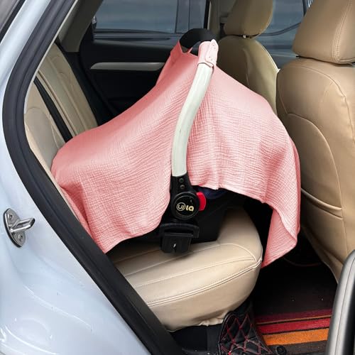 Image of 100% Muslin Cotton Car Seat Cover Baby, Carseat Canopy Cover, Universal Fit Stroller Covers for Boys and Girls (Pink)