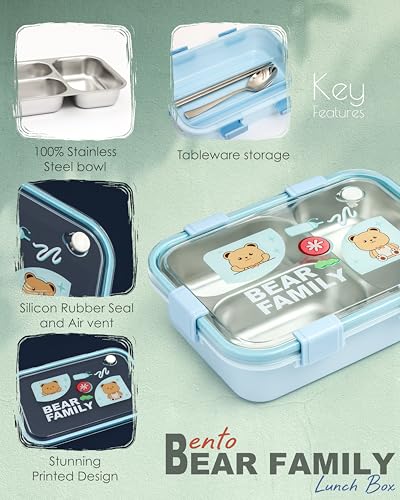 Image of Brand Conquer Lunch Box Leak-Proof BPA Free Stainless Steel for School, Lunch Box for School & Office with a Fork, a Spoon and a Pair of Chopsticks (Blue, Bear Family 3 Compartment)