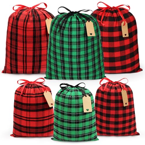 Shintop Fabric Christmas Drawstring Gift Bags, 6pcs Buffalo Plaid Xmas Sacks with Gift Tags Reusable Cloth Holiday Wrapping for Party Presents(Red, Green)