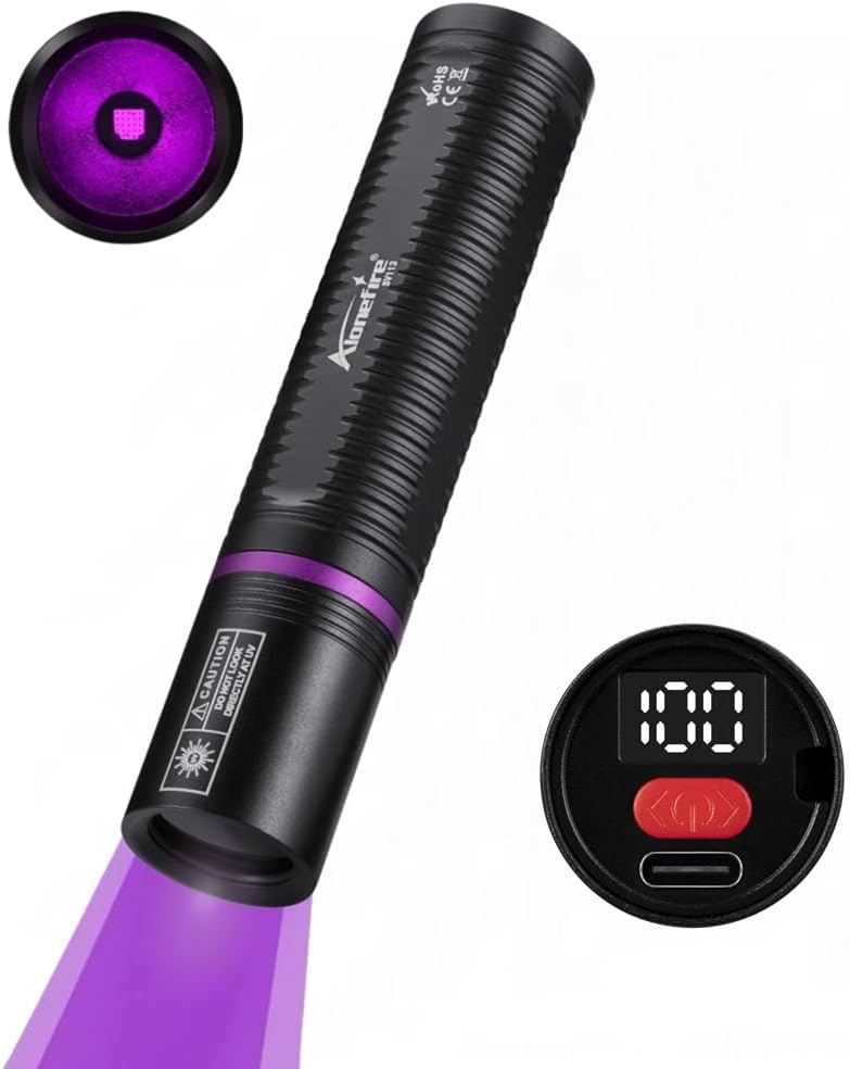 ALONEFIRE SV113 Mini 365nm UV Flashlight USB C Rechargeable Digital Display Woods Lamp Money Detector Black Light for Pet Urine Detection, Scorpion, Fishing, Minerals, Rocks with Built-in Battery