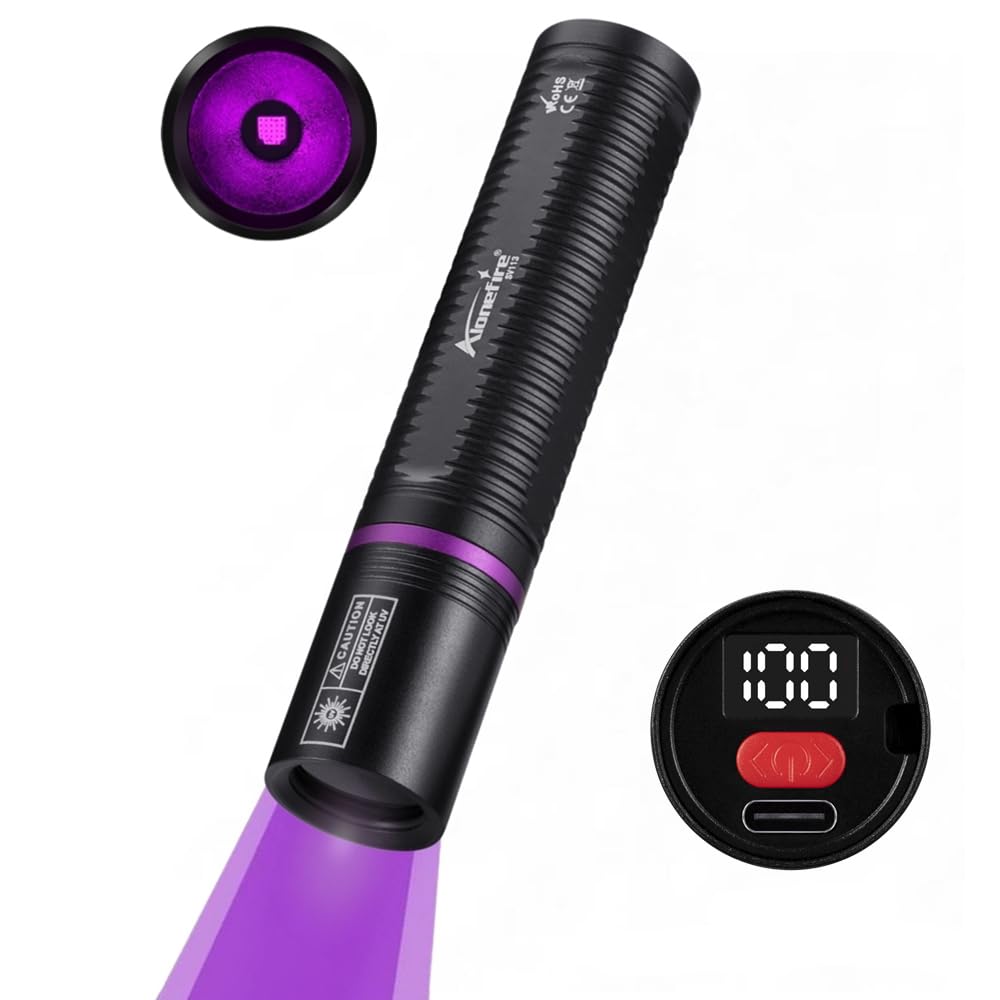 Alonefire SV113 365nm UV Taschenlampe 3W klein Typ C USB Aufladbar Mini Schwarzlicht Digitalanzeige Haustierurin Detektor Geld-Detektor für UV Harz, Angeln, Skorpion, Bernstein,Mineralien mit Batterie