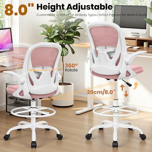 Image of Primy Drafting Chair Tall Office Chair with Flip-up Armrests Executive Ergonomic Computer Standing Desk Chair with Lumbar Support and Adjustable Footrest Ring (Rose Quartz)