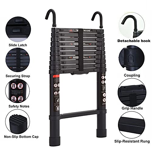 Telescoping Ladder 10.5Ft Black Aluminum Step Ladder Portable Extension Folding Ladder With Detachable Hooks, Folded Height 2.7Ft Space Saving, 330Lbs Load Capacity, For Home, Rv, Office #TOP2