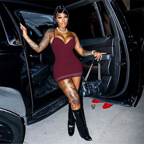 Image of Sexy Bodycon Mini Dress for Women Sweetheart Neck Spaghetti Strap Mesh Hem Party Club Night Out Short Dresses