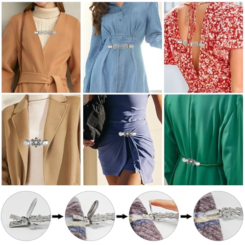 Image of 10Pcs Waist Brooch Pins Dress Back Clips T-shirt Tie Clips Waist Cincher Tightening Waistband Cardigan Clip Vintage Sweater Shawl Clips Decorated Safety Pins Collar Brooch for Women Girls Wearing