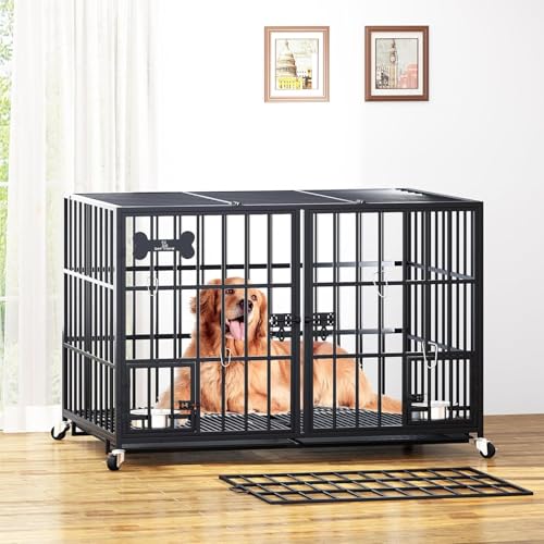 Hundekäfig, Hundebox mit Bodenschale, Hundekäfig mit Trennwand, Hundegitterbox mit 2 Türen und Tablett, 2 in 1 Doppelbox Hundegitterbox für Große und mittlere Hunde, 120 x 73 x 68 cm, Schwarz