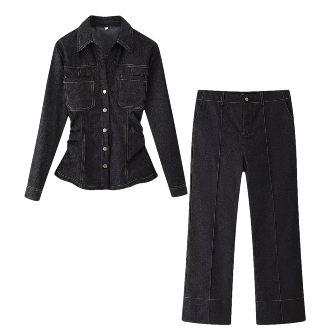 Dndrdhfb Womens Slim-Fit Suit Long-Sleeved Lapel Shirt With Flared Jeans Suit