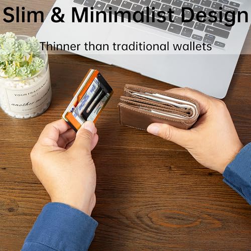 Image of Minimalist Wallet for Men, Slim Metal RFID Blocking Wallet Credit Card Holder Money Clip & Cash Strap, Scratch-Resistant Holds 15 Cards,Ideal Gift for Men | Matte Orange
