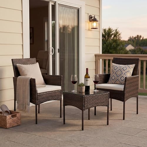 Sweetcrispy 3 Piece Patio Furniture Set, All-Weather Outdoor Conversation with Removable Cushions & Tempered Glass Table, Small Wicker Bistro Set for Balcony, Porch, Backyard, Deck, Brown - Image 3