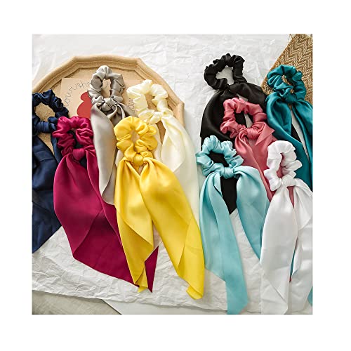 Silk Hair Scarf Scrunchies Satin Bow Scrunchie Hair Ribbon Scarf Ties Ponytail Holder Bunny Ear Bowknot Knotted Scrunchy With Long Tails (10Pcs) #TOP6