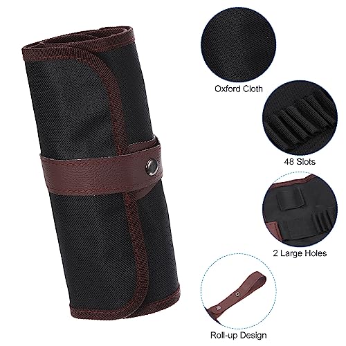 Image of PATIKIL Handmade 48 Slots Roll Up Pencil Case, Oxford Cloth Pencil Wrap Pouch Pen Holder Organizer for Artist Drawing Coloring Sketching, Brown /Black