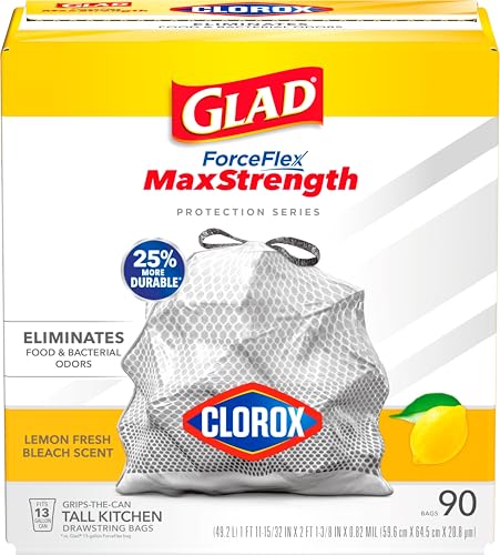 Glad Tall Kitchen Trash Bags 13 Gallon, MaxStrength Lemon Fresh Bleach Garbage Bags, Drawstring, 90 Count - image 1
