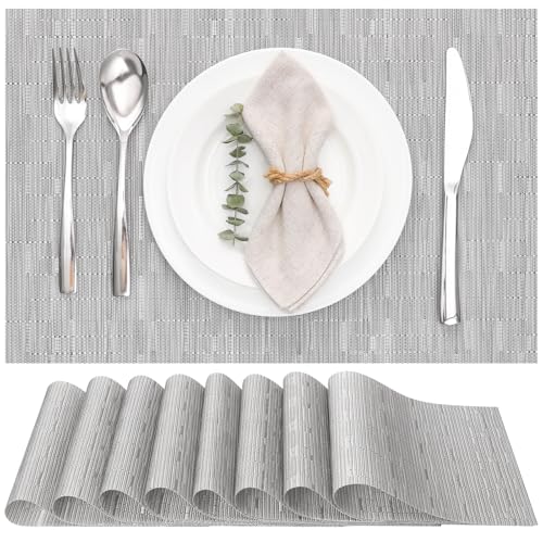 Myir JUN Placemats Set of 8, Vinyl Woven Placemats Place Mats Indoor Set of 8 Washable Table Mats Non-Slip Place mats for Dining Table (Silver, Set of 8)