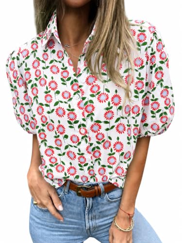 Image of Tankaneo Womens Button Down Shirts Puff Sleeve Tops Summer Cotton Blouses | Loose Fit, Boxy, Dressy Casual, Collared, Short Sleeve, Solid Color, Striped, Plaid, Polka Dots
