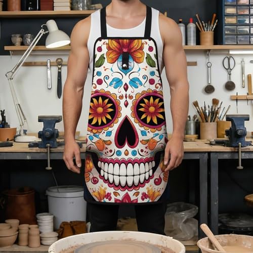 Delantal de trabajo colorido con calavera y bolsillos miniatura 4