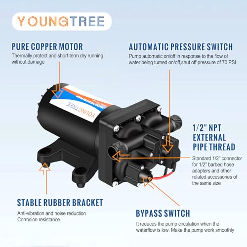 Image of YOUNGTREE 12V RV Fresh Water Pressure Pump, 5.5GPM 70PSI Diaphragm Pump, Self-Priming DC Water Pump with 3 /4 inch Garden Hose Adapters for Irrigation, Camper, Boat, Trailer, Marine, Off-Grid Cabin Use