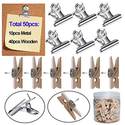 Push Pin Clips, Natural Wooden Push Pins for Cork Boards Metal Paper Clips with Tack for Bulletin Board Pins and Photo Walls