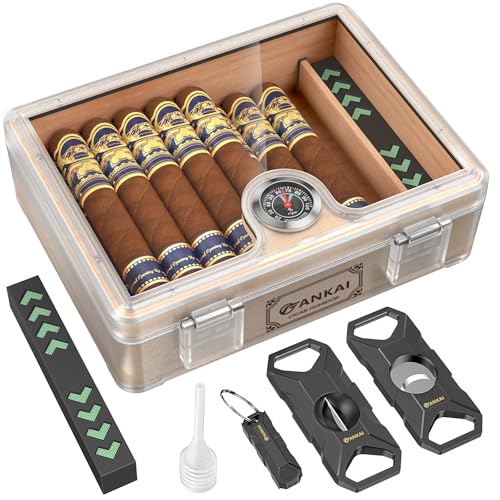 FANKAI Humidor Cigar Box, with Straight Cutter Guillotine, V cut, Puncher & Holder Tool, Glass top Cigars Case, Cedar Wood Lining, Humidifier Hygrometer Accessories, Cigar Gift Set