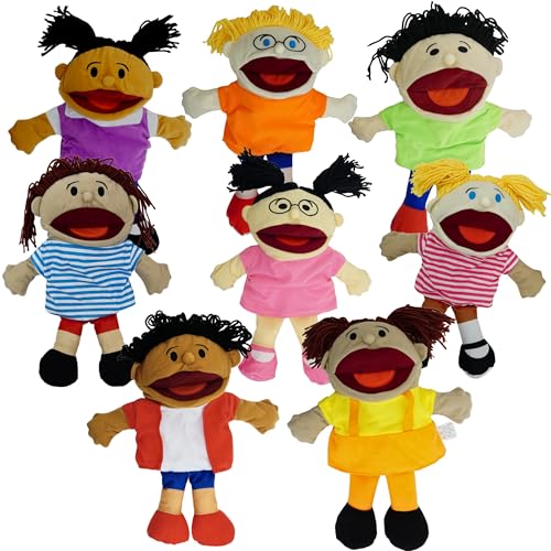 Image of 4E's Novelty Multicultural Hand Puppets for Kids - 8 Pack with Movable Mouth, Bulk Soft Plush Puppets for Kids Ages 4-8, for School Home Theater Shows, Teachers Classroom Supplies