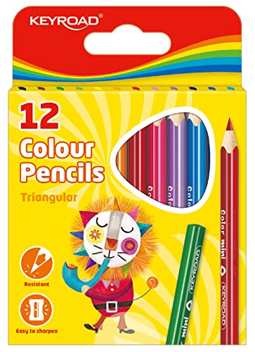 KEYROAD Mini Buntstifte Dreikantform - 12 Stück - Länge: 85mm/ Mischfarben / Erwachsene und Kinder/ Ideal für MalbücherLoch zum Aufhängen/ Komfortabel Handflächengriff für Kleinkinder