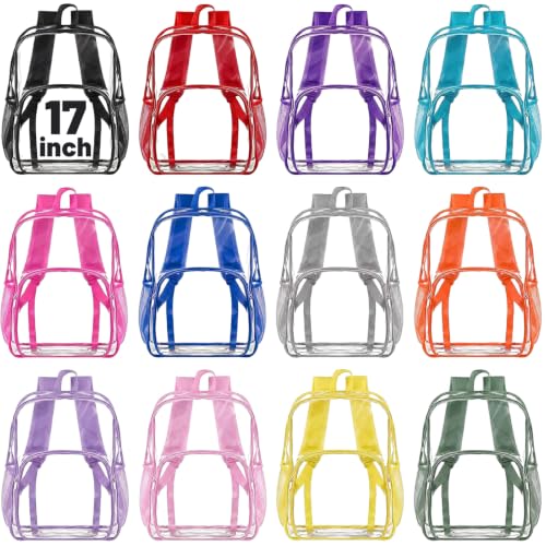 Image of Amylove 12 Pcs Clear Backpack bulk for Stadium Events Heavy Duty PVC Transparent Bookbag for College Workplace Security (17 Inches,12 Colors)