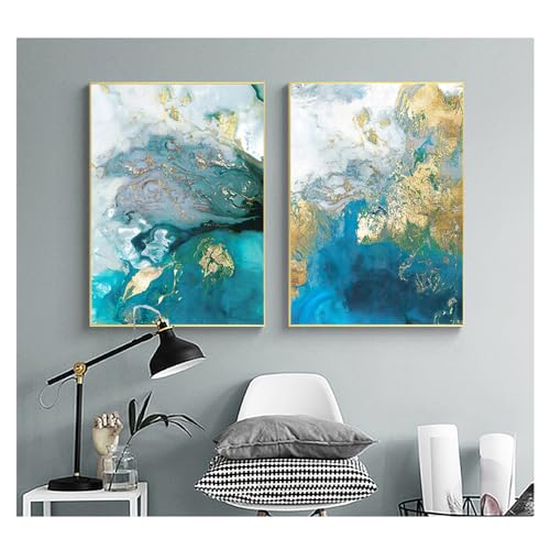 Tableau Moderne sur Toile Aquarelle Bleue et Dorée 30x50cm Lot de 2 Pièces Sans Cadre