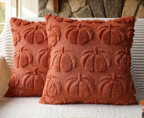 4TH Emotion Fall Pumpkin Decorative Pillow Covers 20x20 Set of 2, Rust Red Soft Plush Faux Fur Farmhouse Throw Cushion Cases for Autumn Thanksgiving Holiday Home Decorations