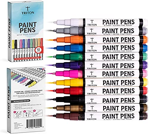 Paint Pens for Rock Painting - Ceramic, Wood, Metal and Glass. Set of 12 Vibrant Extra Fine Tip Paint Markers, Fast Drying, Water Resistant