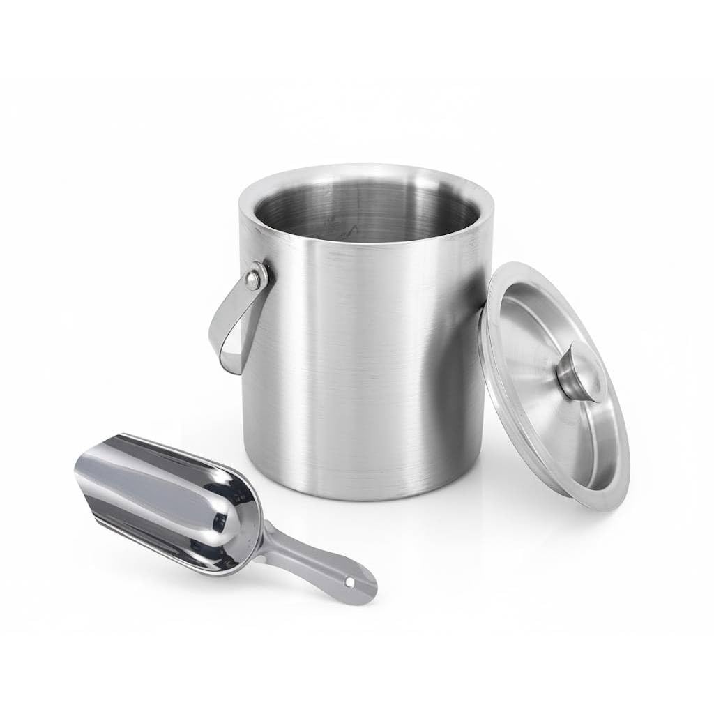 Double Wall Stainless Steel Plain Ice Bucket with Ice Scoop. Ice Picker, 1.75 litres, Ice Cold for 6 h with Handle, bar Tools for Home bar Accessories, Mini bar