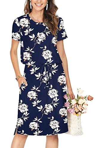 Image of Simier Fariry Womens Summer Hide Belly Knee Length Travel Dress Pocket Short Sleeve Midi Work Casual Outfits