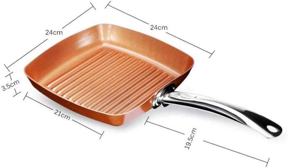 Frying Copper Pan Non-Stick Square Grill Pan, Griddle Pan with Stainless Steel Handle Induction Cooker Safe,24CM (9.44Inch),