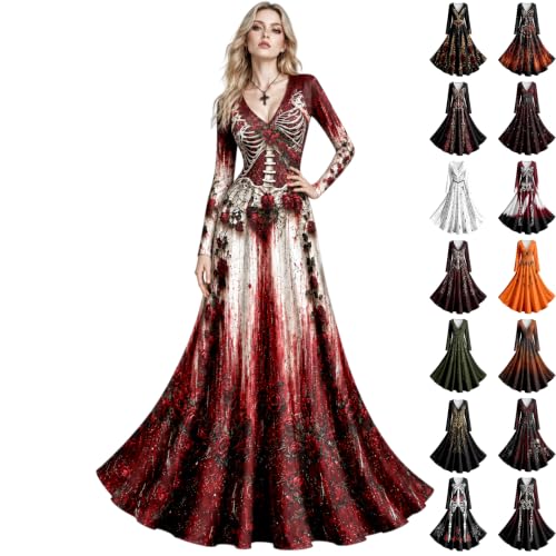 DAIZHUJISLYLT Skeleton Dress,LSkeleton Dress Women Halloween Skull Rose Print V-Neck Maxi Dresses Fall Gothic Vampire Cosplay Costumes(Red_01,Medium) - image 1