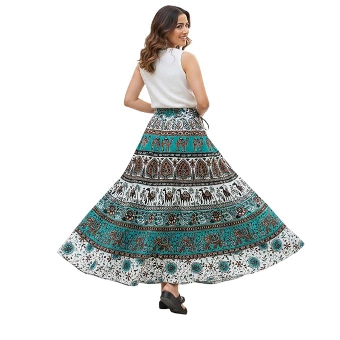 Image of HARSHITA-Enterprises Jaipuri Women's Cotton Printed Elastic Long Skirts